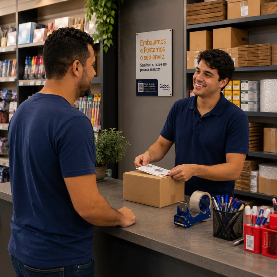 Comércio credenciado despachando encomenda no balcão